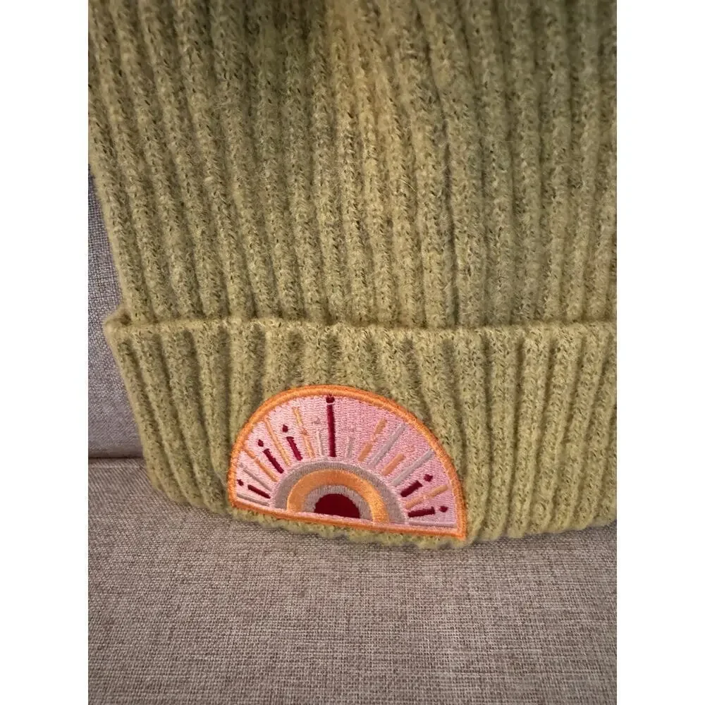 Virginia Wolf Sunray Beanie Hat Faux Fur Snap on Pom Gold Mustard Knit Beachly
